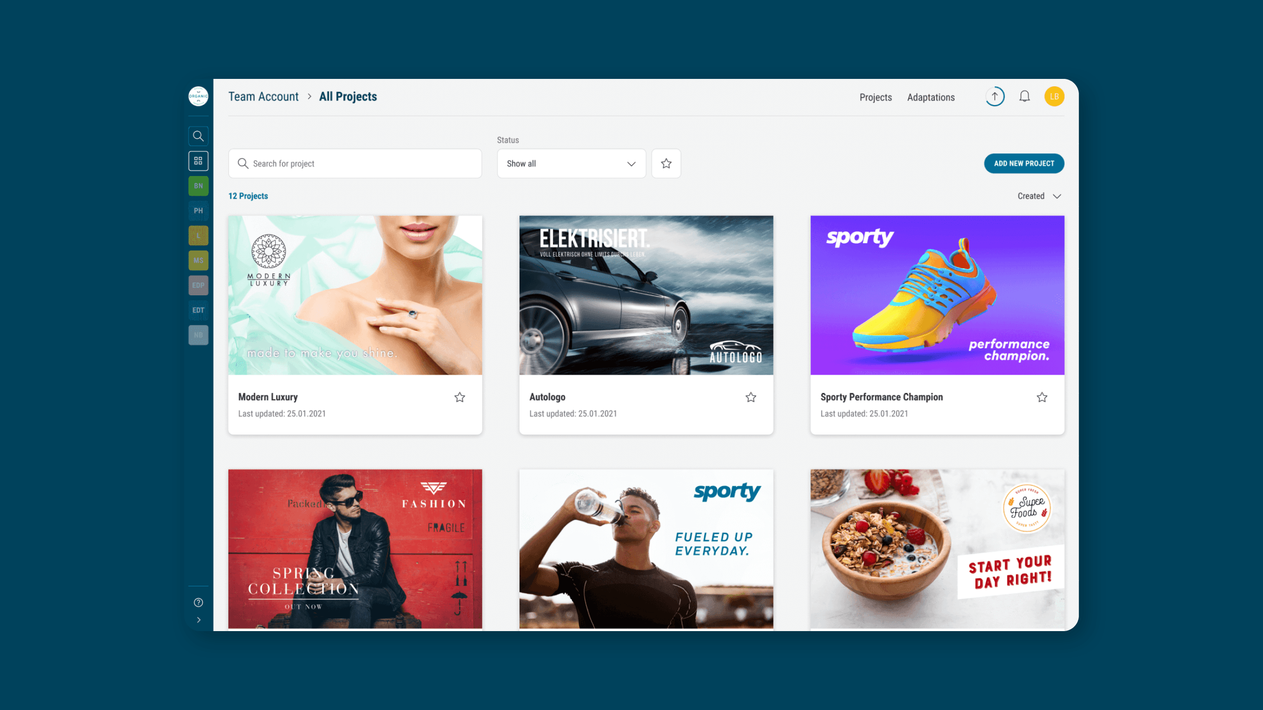 Die Übersicht über alle Projekte eines Users in der Software-Bedienoberfläche von adaept.io.