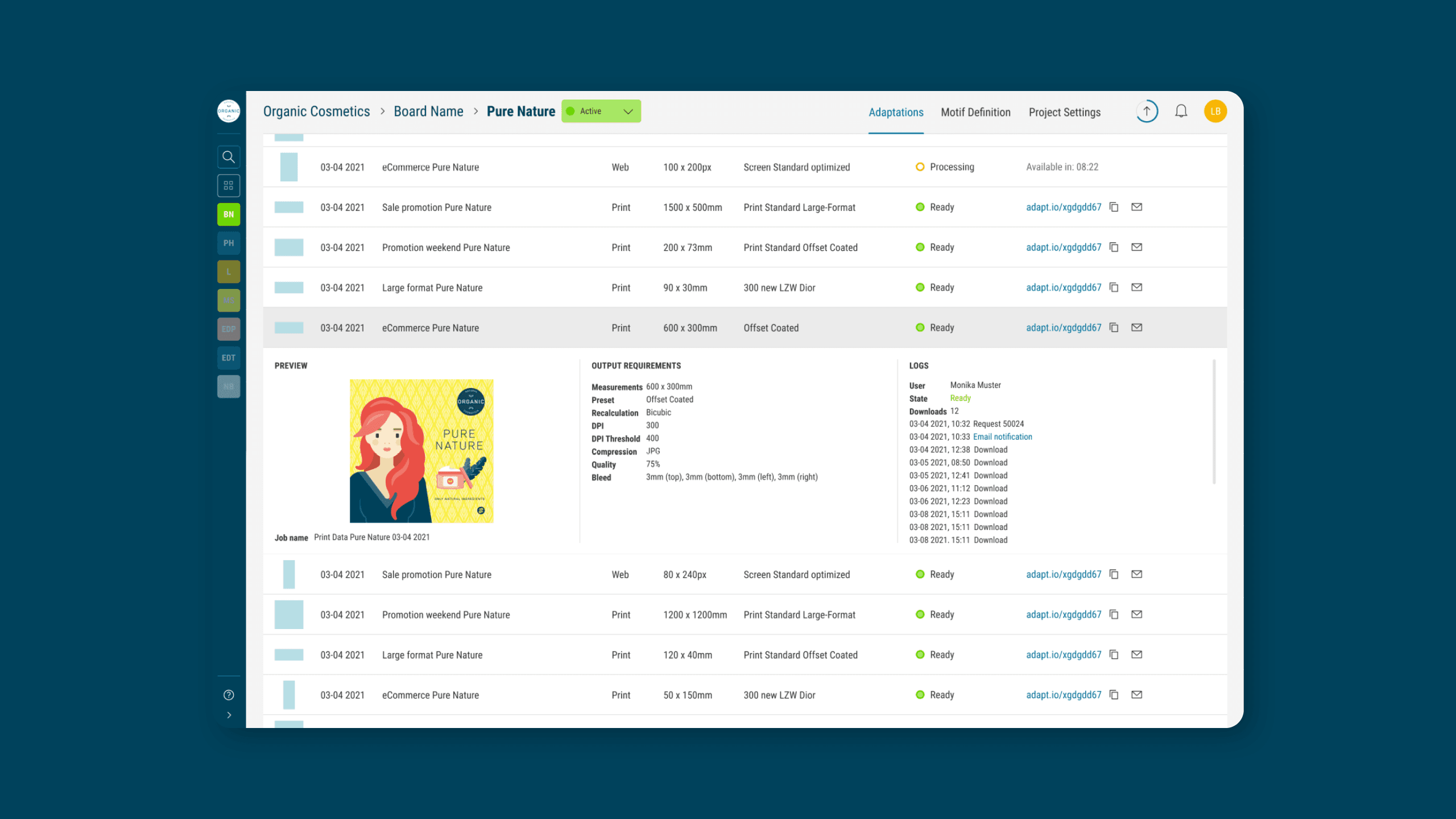 Die Übersicht über alle Adaptionen eines Motivs in der Software-Bedienoberfläche von adaept.io.