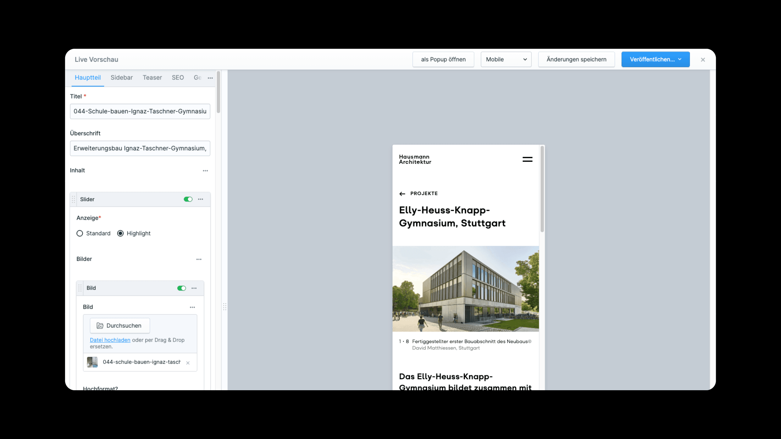 Ein Screenshot des von Labor b umgesetzten Statamic-Backends zeigt die Live-Vorschau-Funktion für ein Projekt im responsiven Breakpoint „Mobile“