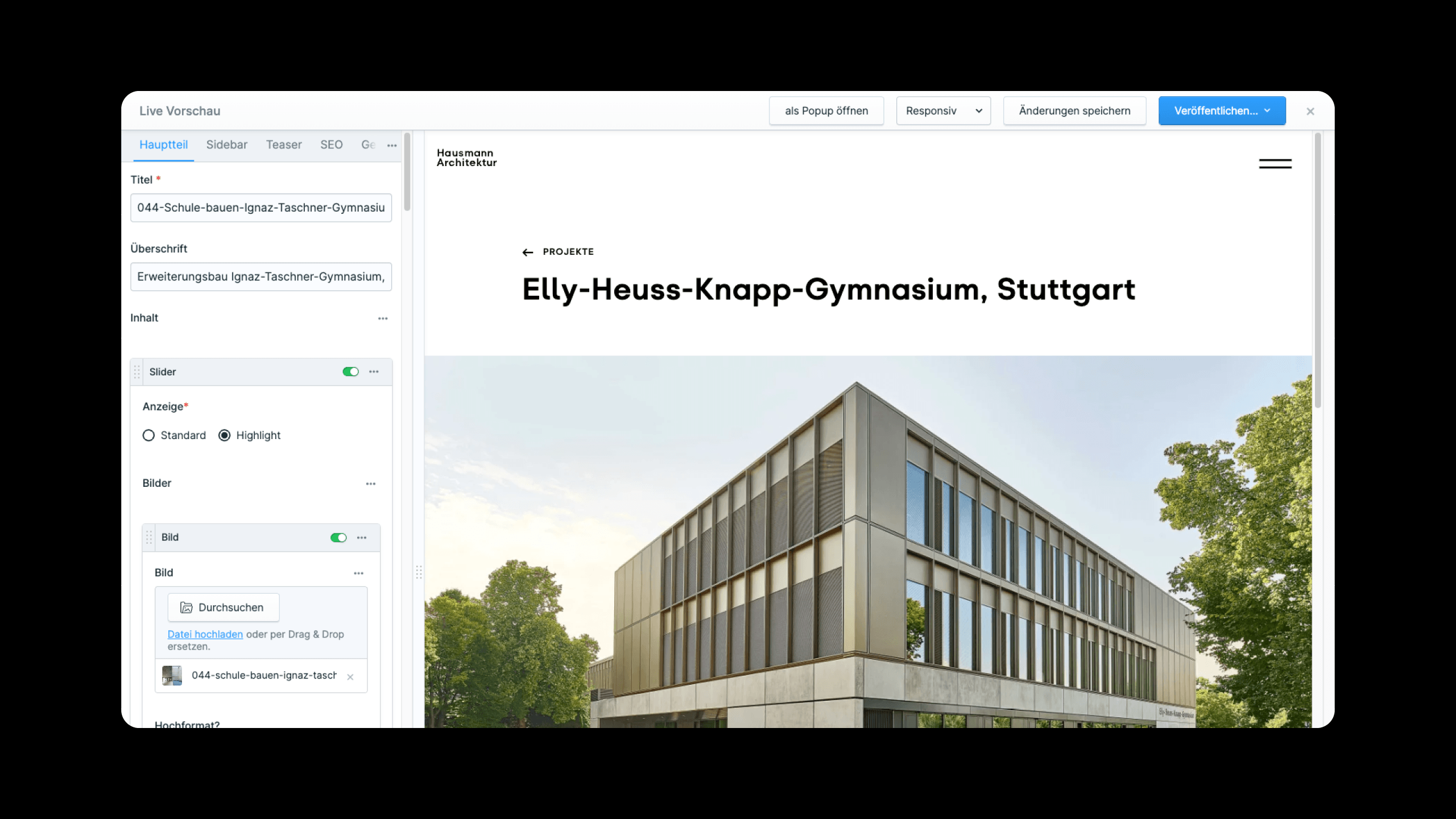 Ein Screenshot des von Labor b umgesetzten Statamic-Backends zeigt die Live-Vorschau-Funktion für ein Projekt
