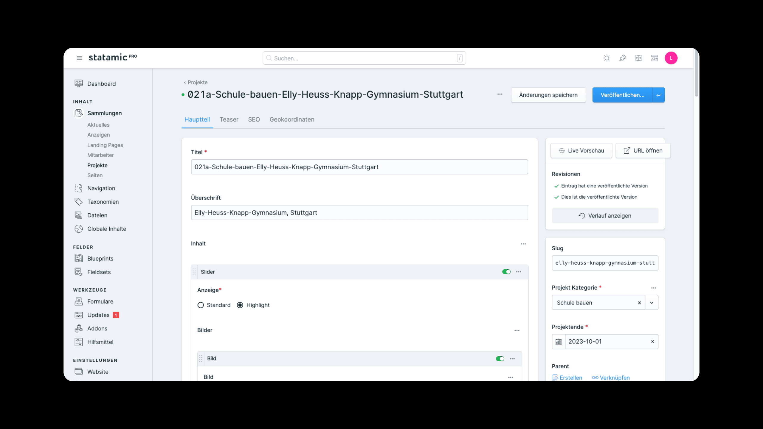 Ein Screenshot des von Labor b umgesetzten Statamic-Backends zeigt den Blueprint für Projekte
