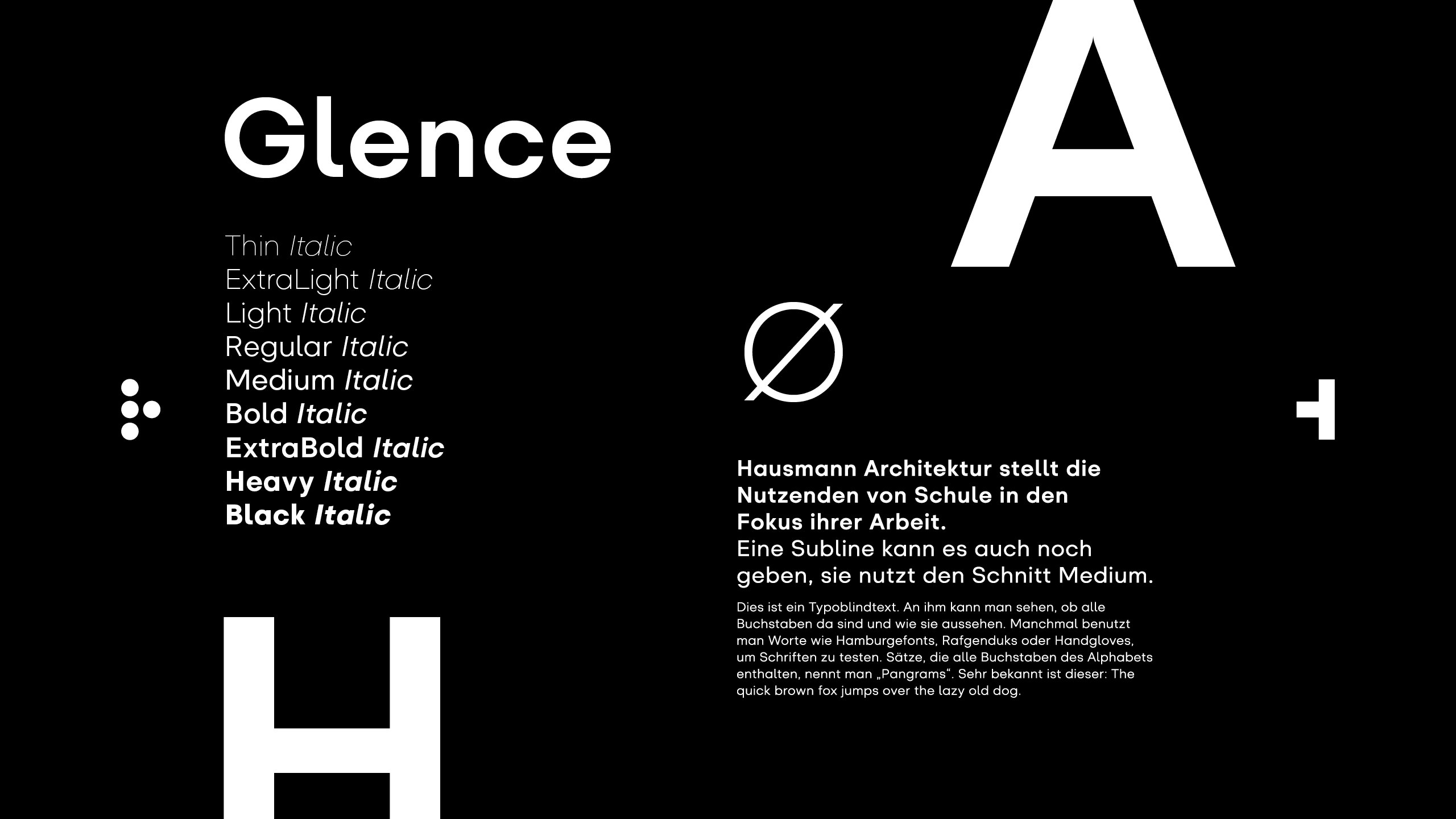 Eine Grafik zeigt verschiedene Schriftschnitte der Schriftart „Glence“ und Verwendungsbeispiele für das Branding der Marke Hausmann Architektur.