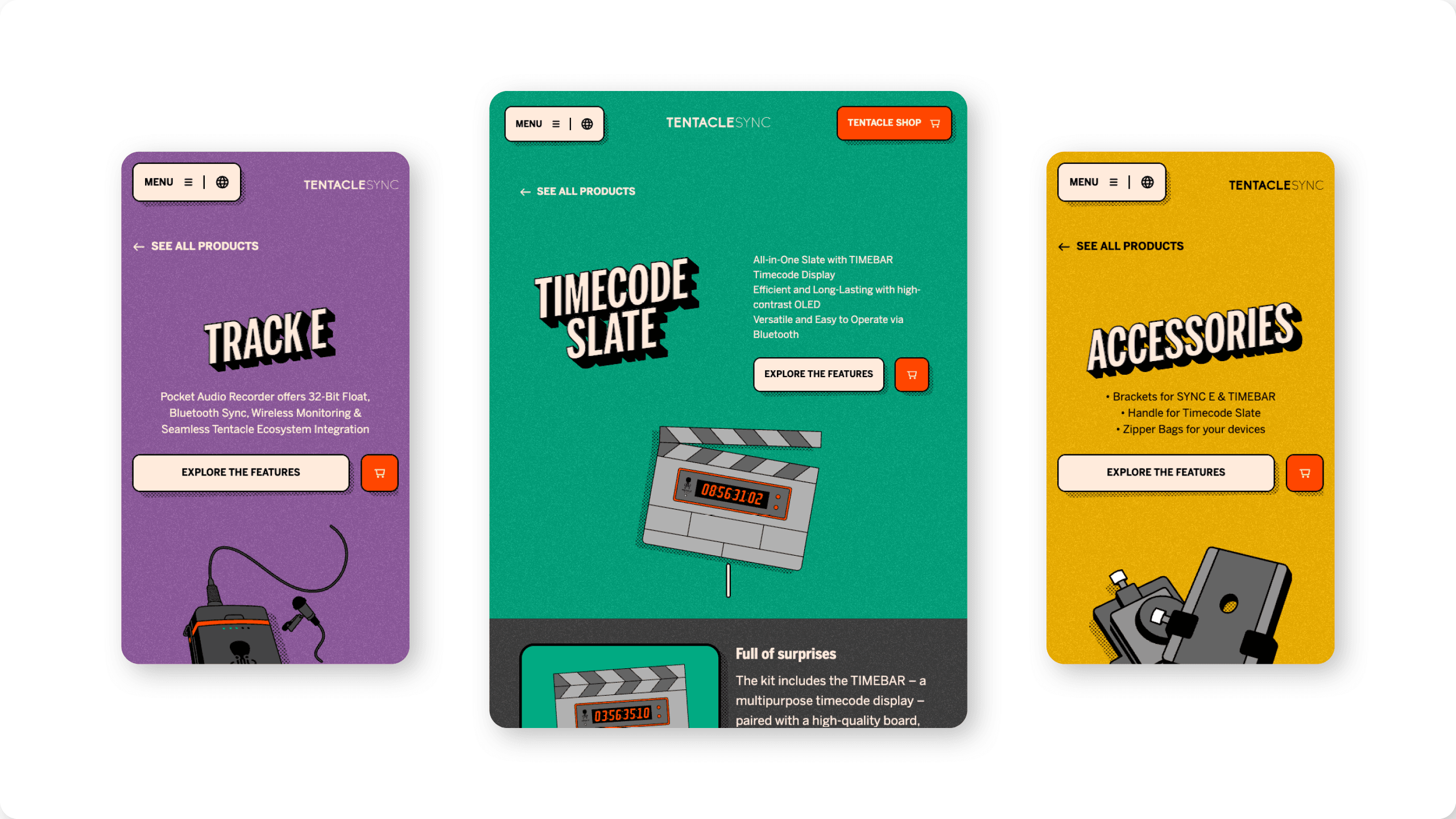 Screenshots der farbenfrohen Produkt-Darstellungen in der von Labor b gestalteten Tentacle Sync-Website.